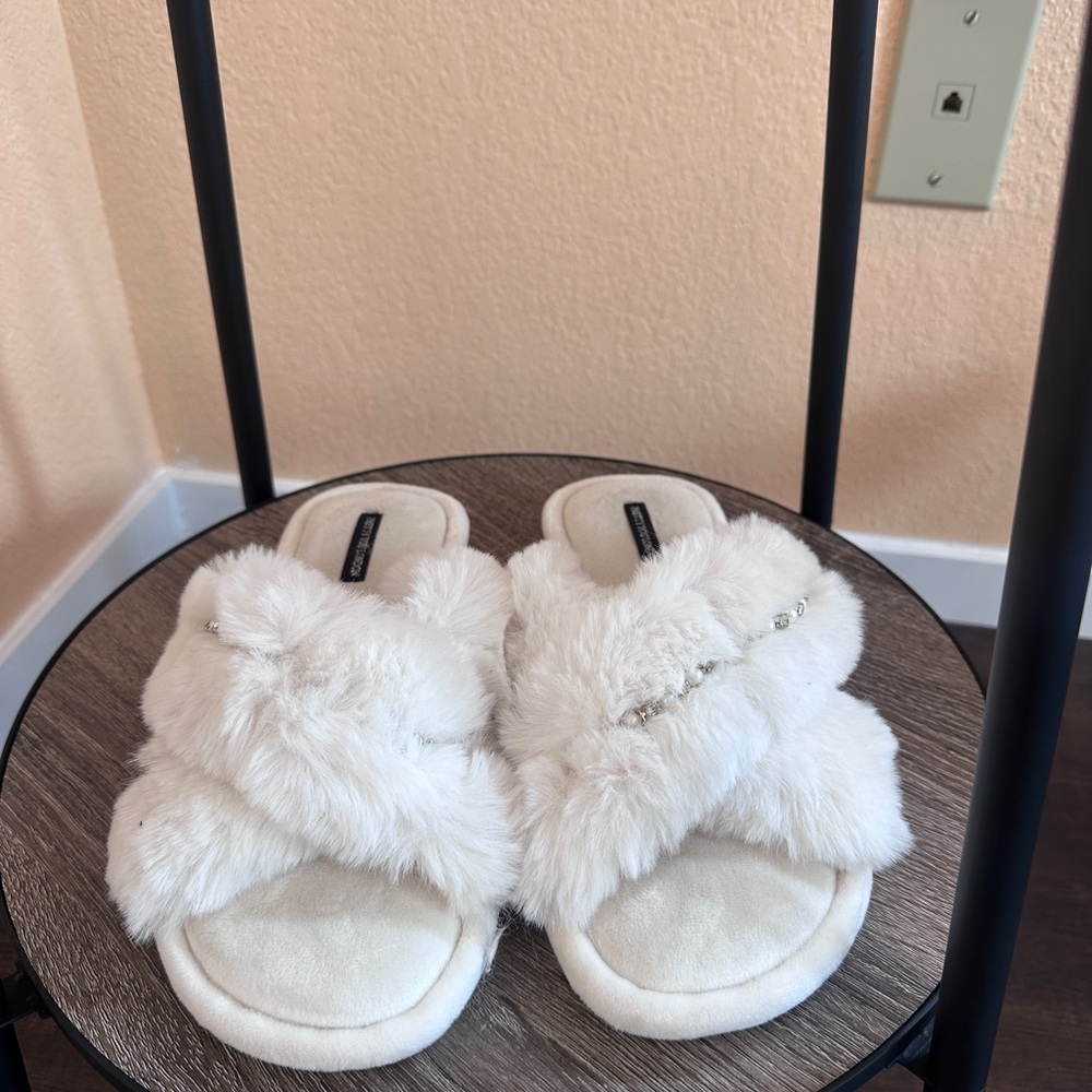 White Furry Slippers with Rhinestone Detail